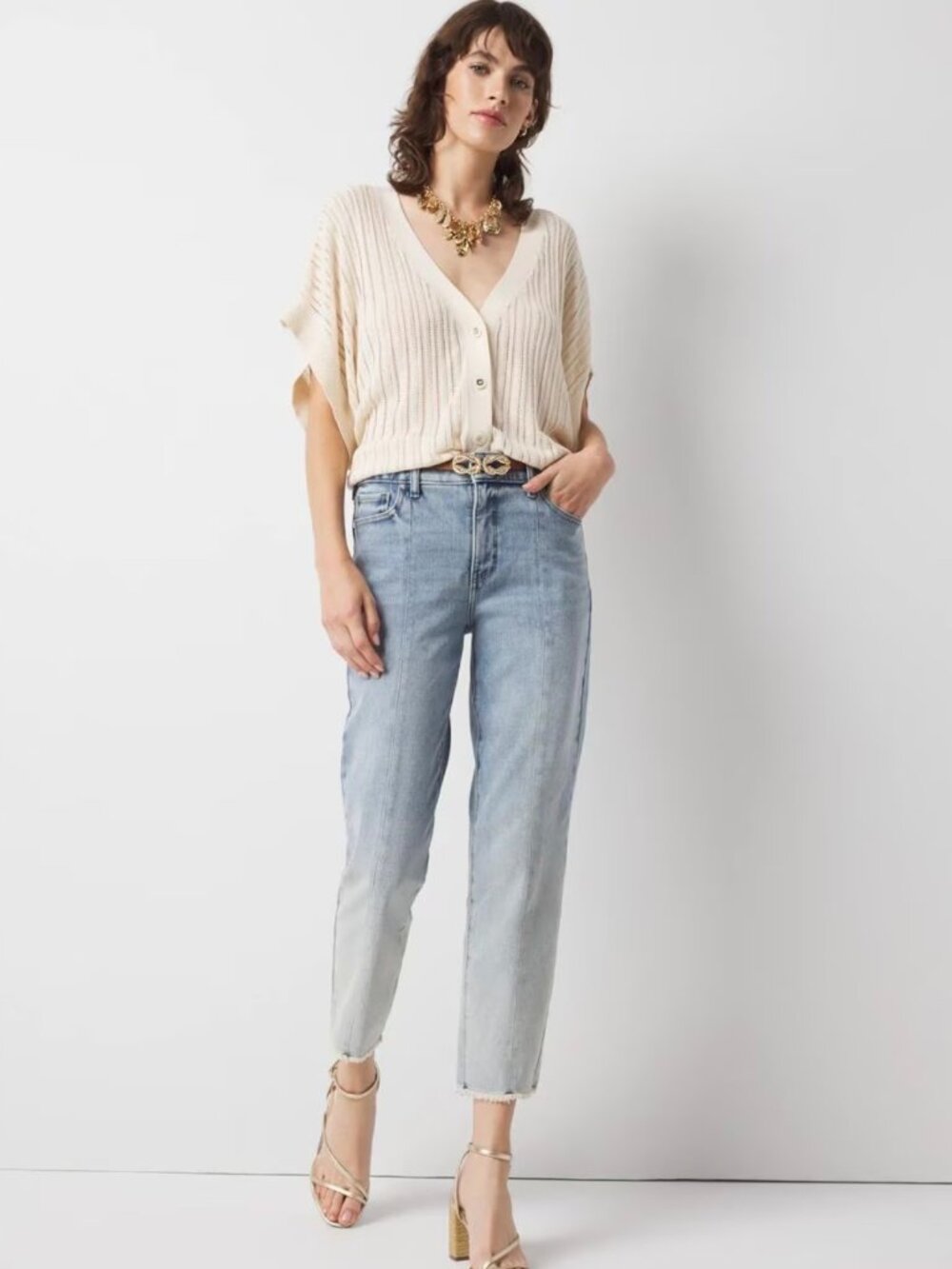 WHBM High Rise Straight Leg Jeans Light Wash Front Seam Ankle Slit Size 10